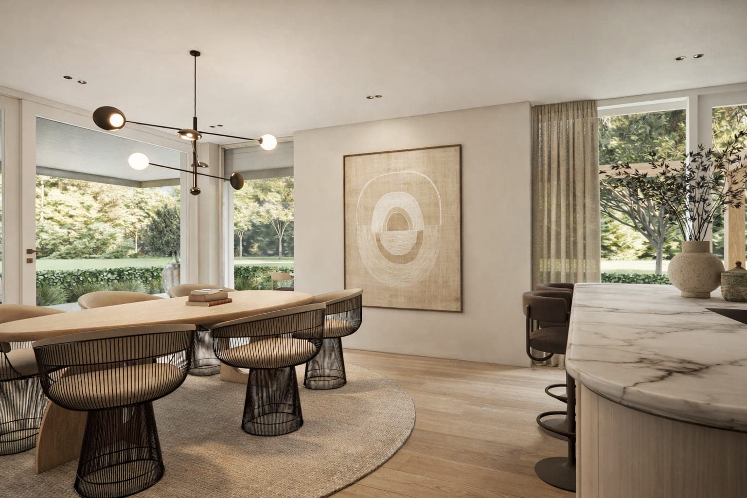 Eetkamer met open keuken en kookeiland