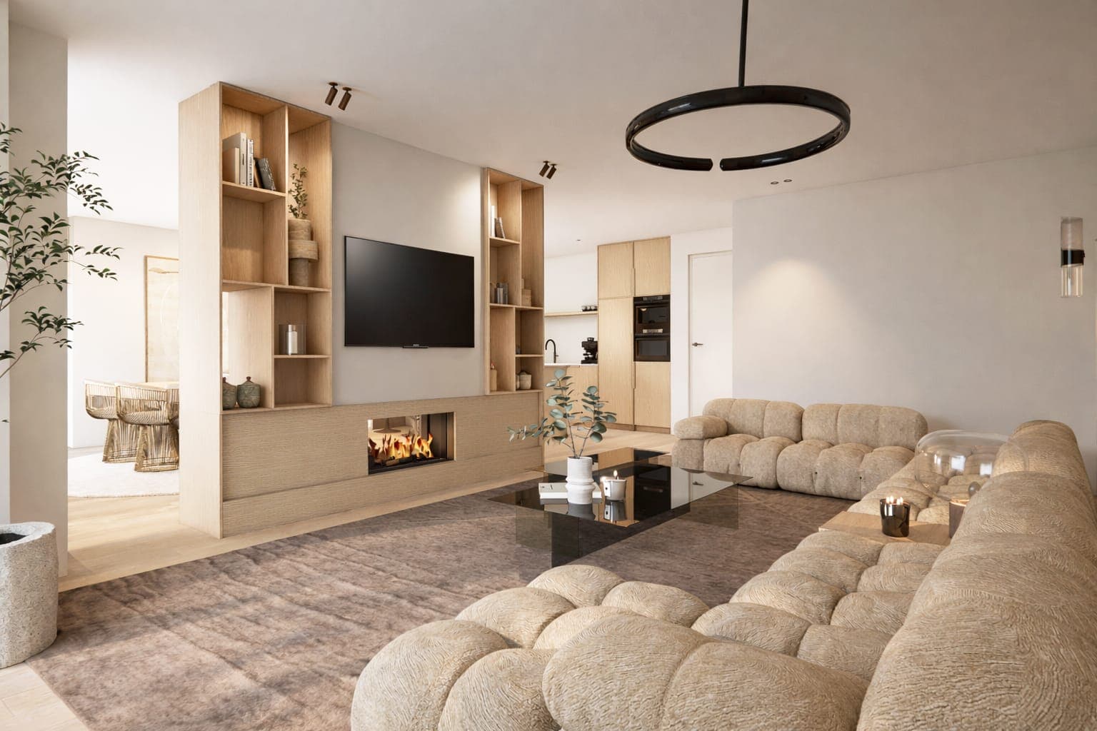 Woonkamer met haard en ingebouwde kast