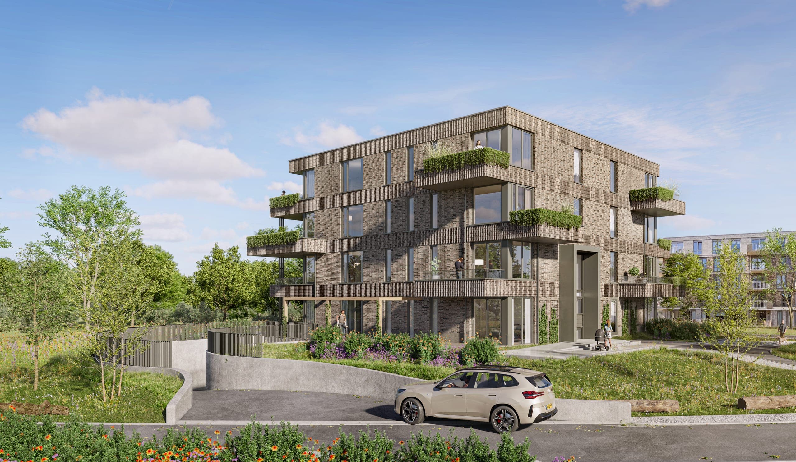 Het appartementencomplex met geplante balkons