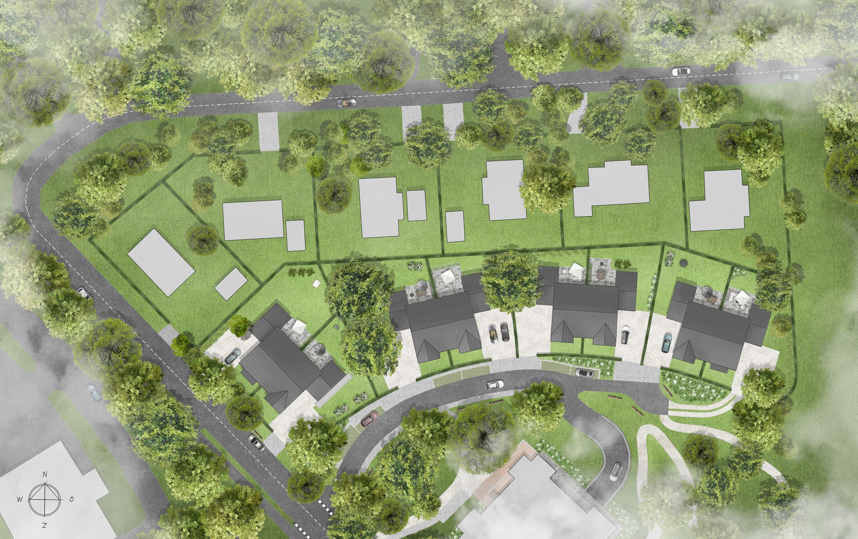 Situatietekening met de vier bouwblokken van de halfvrijstaande villa’s en hun kavels