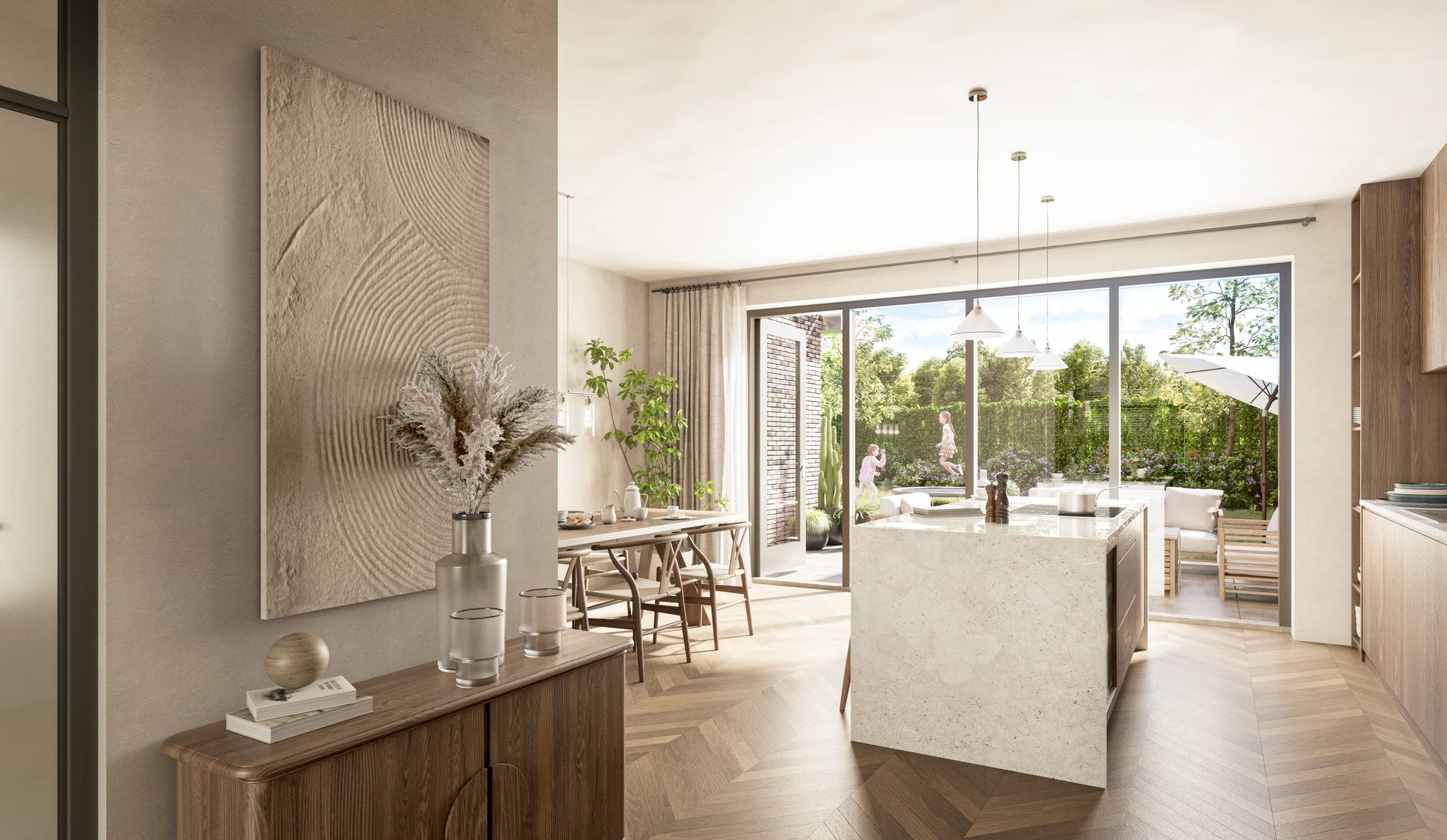 Woonkamer met open keuken en uitzicht op de tuin