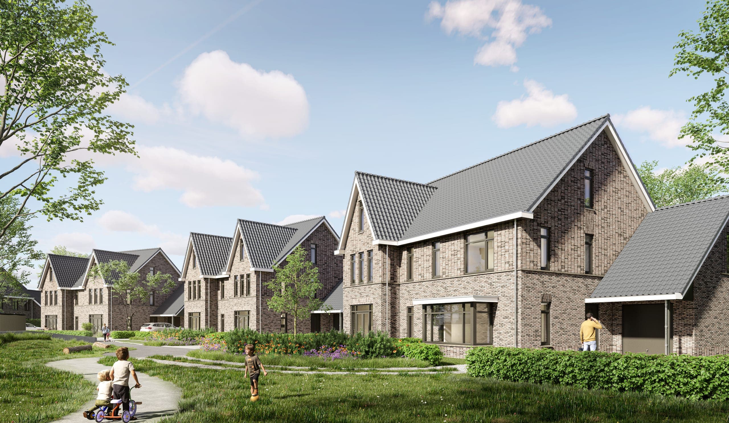 Zijaanzicht van een villa met aangebouwde berging