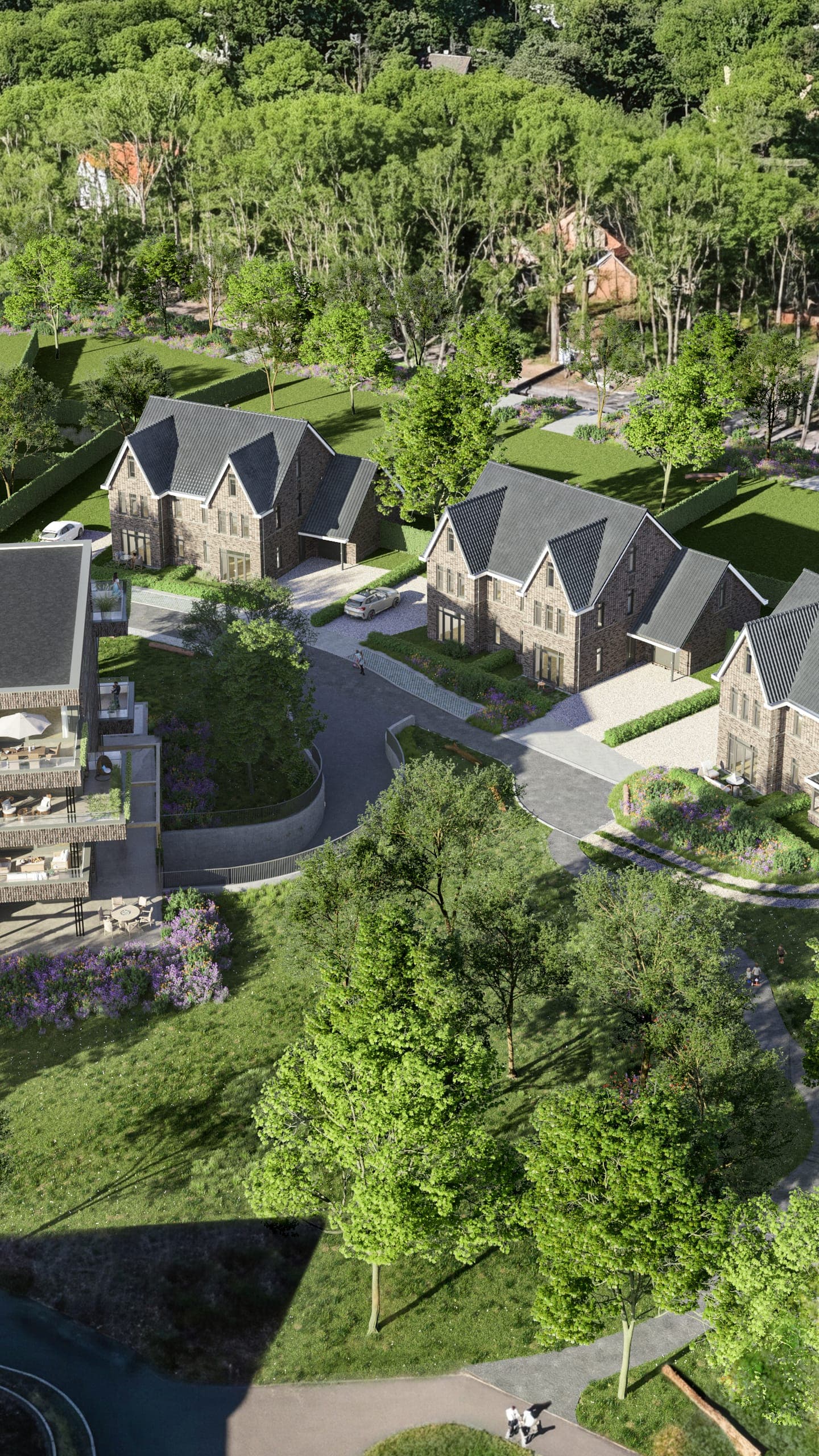 Vogelvlucht over Oranjepark met de villa’s en het appartementencomplex