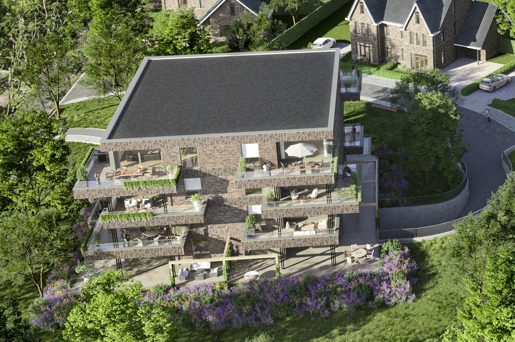 Vogelvlucht vanuit het noordwesten met het appartementencomplex en de vier lagen balkons